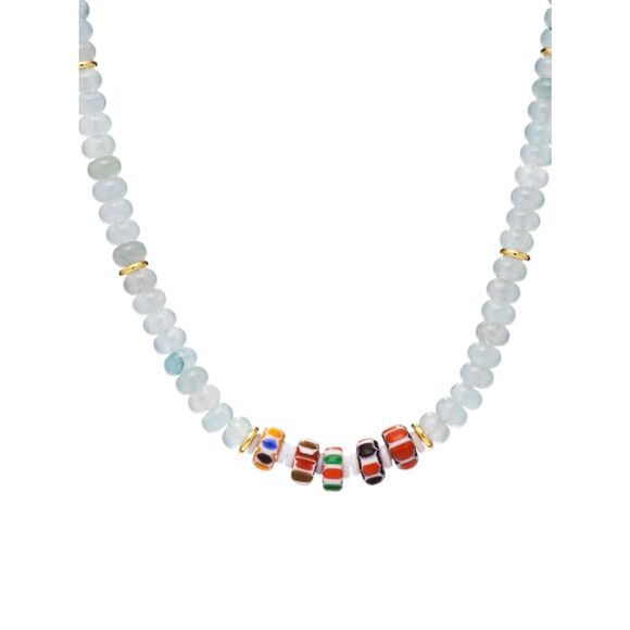 Mayamar Jewelry - Aquamarine Bead Necklace with Multicolor Glass Accent Beads